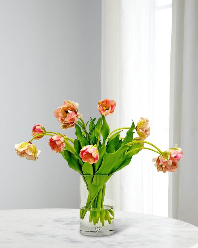 Double Tulip with Leaves 22" Faux Floral Arrangement in Glass Cylinder